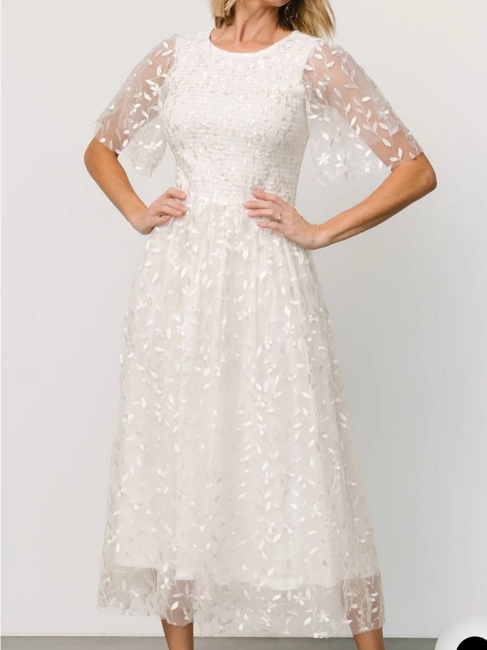 Baltic Born White Embroidered Floral Midi Dress